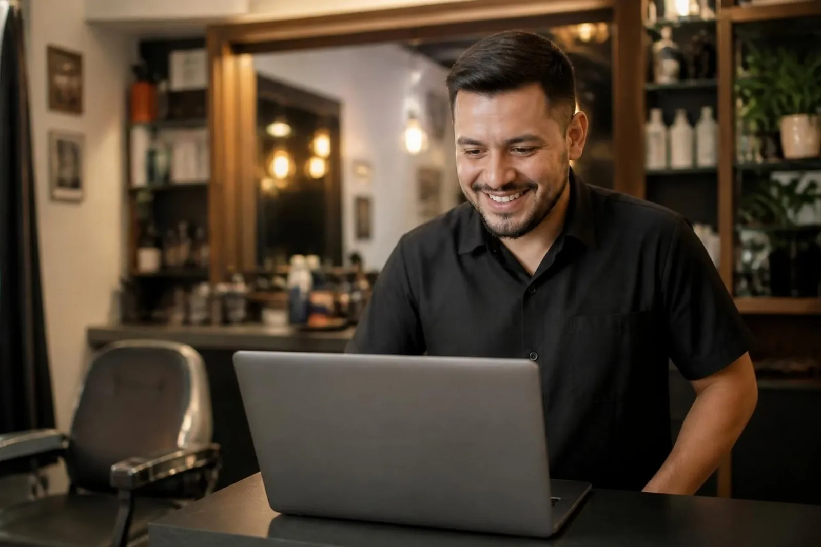 Dueño de una barbería revisando sus citas en el panel de Atiendo desde el portátil